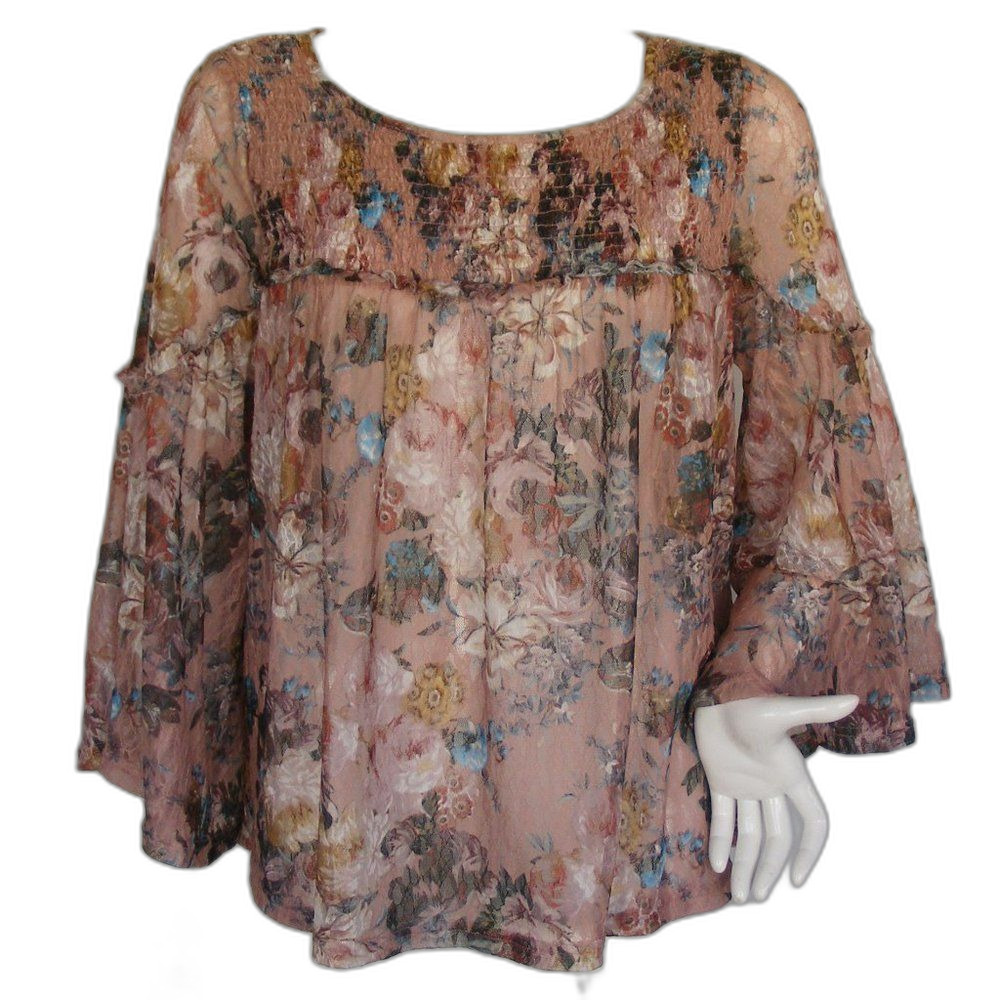 ANTHRO Akemi * Kin Top, L, Smocked, long Sleeve, Wide Neck, Floral, Pink…